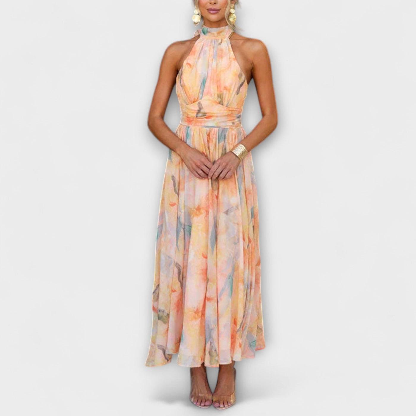 Halter-Neck Watercolor Print Maxi Dress | Dress